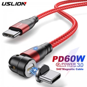 USLION PD 60W 磁性电缆快速充电 4.0 快速充电适用于华为 P40 C 型转 C 型电缆数据充电器线适用于 MacBook